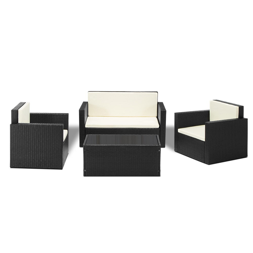 Gardeon 4 Piece Outdoor Wicker Furniture Set - Black