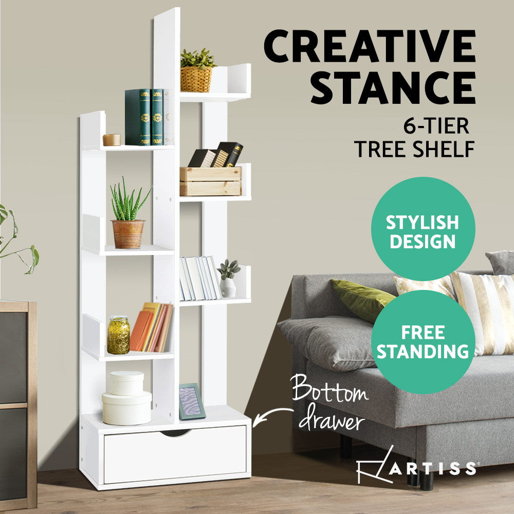 Artiss Wooden Tree Storage Display Shelf Bookcase CD Rack Shelving Unit Drawer White
