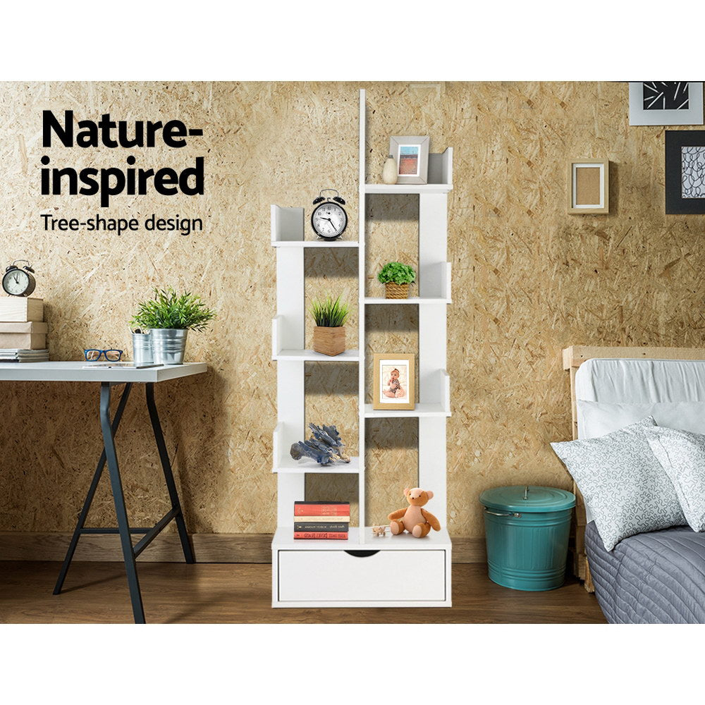 Artiss Wooden Tree Storage Display Shelf Bookcase CD Rack Shelving Unit Drawer White