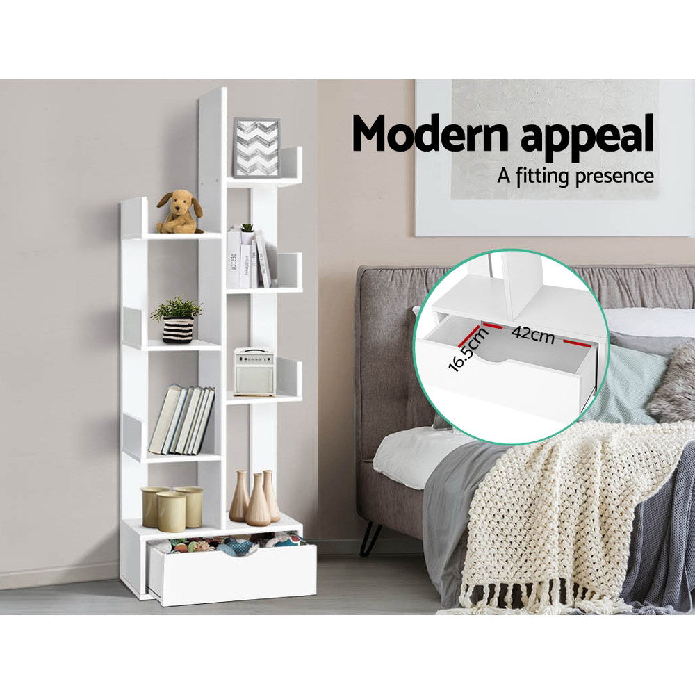 Artiss Wooden Tree Storage Display Shelf Bookcase CD Rack Shelving Unit Drawer White