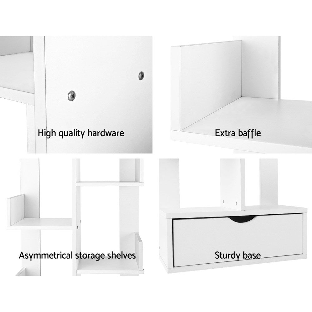 Artiss Wooden Tree Storage Display Shelf Bookcase CD Rack Shelving Unit Drawer White