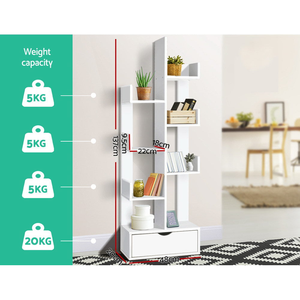 Artiss Wooden Tree Storage Display Shelf Bookcase CD Rack Shelving Unit Drawer White