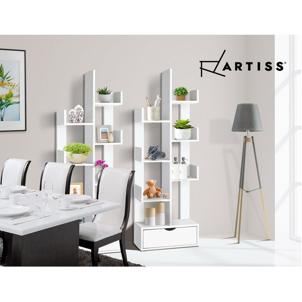 Artiss Wooden Tree Storage Display Shelf Bookcase CD Rack Shelving Unit Drawer White