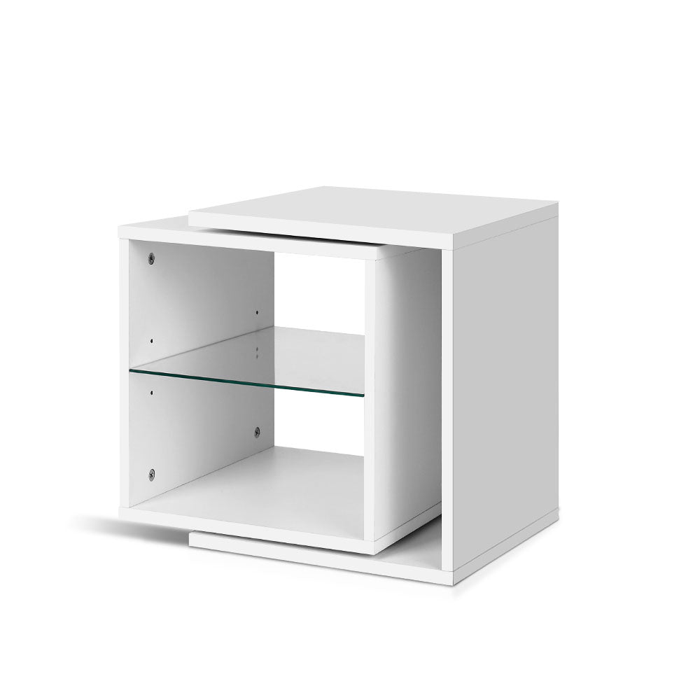 Artiss Side Table Swivel Bedside Table Coffee Table Glass Shelf White