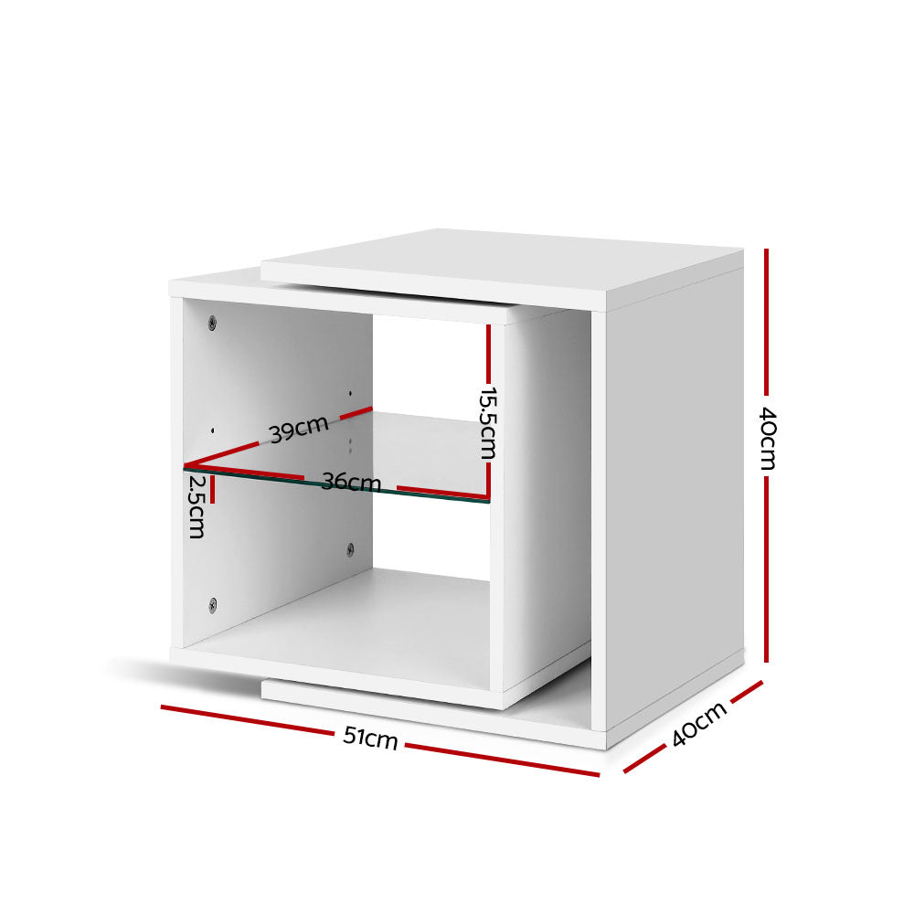 Artiss Side Table Swivel Bedside Table Coffee Table Glass Shelf White