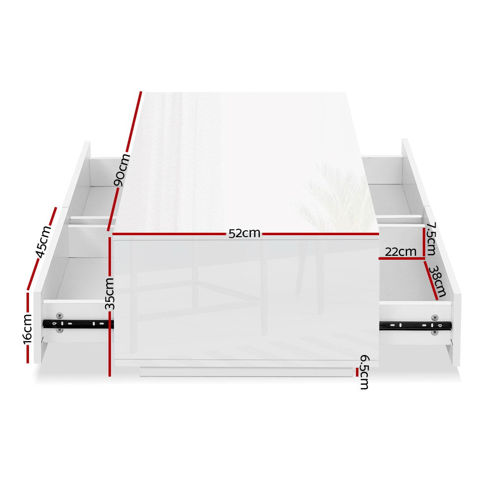 Artiss Modern Coffee Table 4 Storage Drawers High Gloss Wooden Shelf White