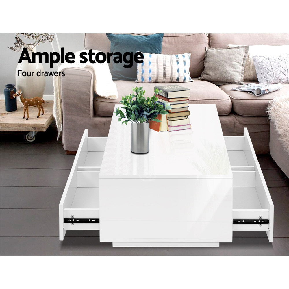 Artiss Modern Coffee Table 4 Storage Drawers High Gloss Wooden Shelf White
