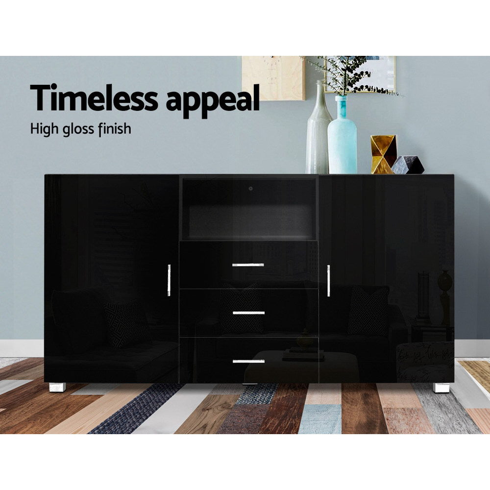Artiss Buffet Sideboard Cabinet High Gloss Storage Cupboard Black Doors Drawers