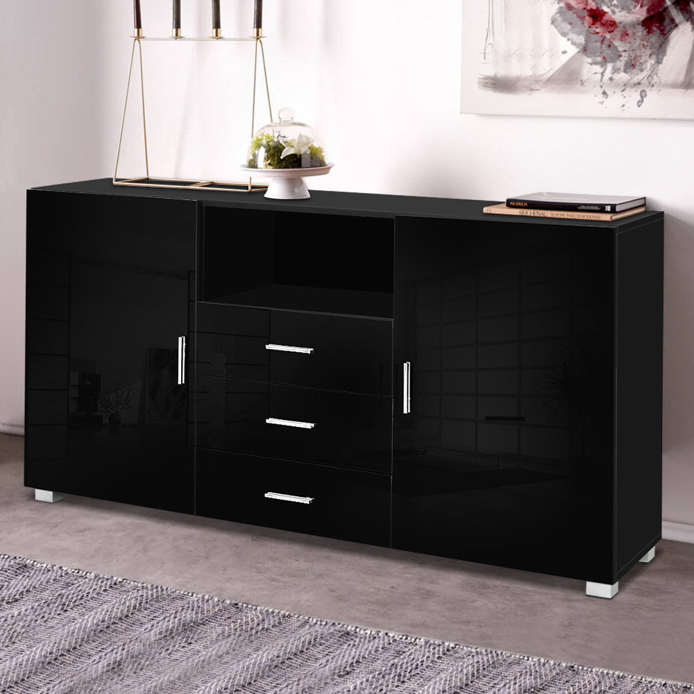 Artiss Buffet Sideboard Cabinet High Gloss Storage Cupboard Black Doors Drawers