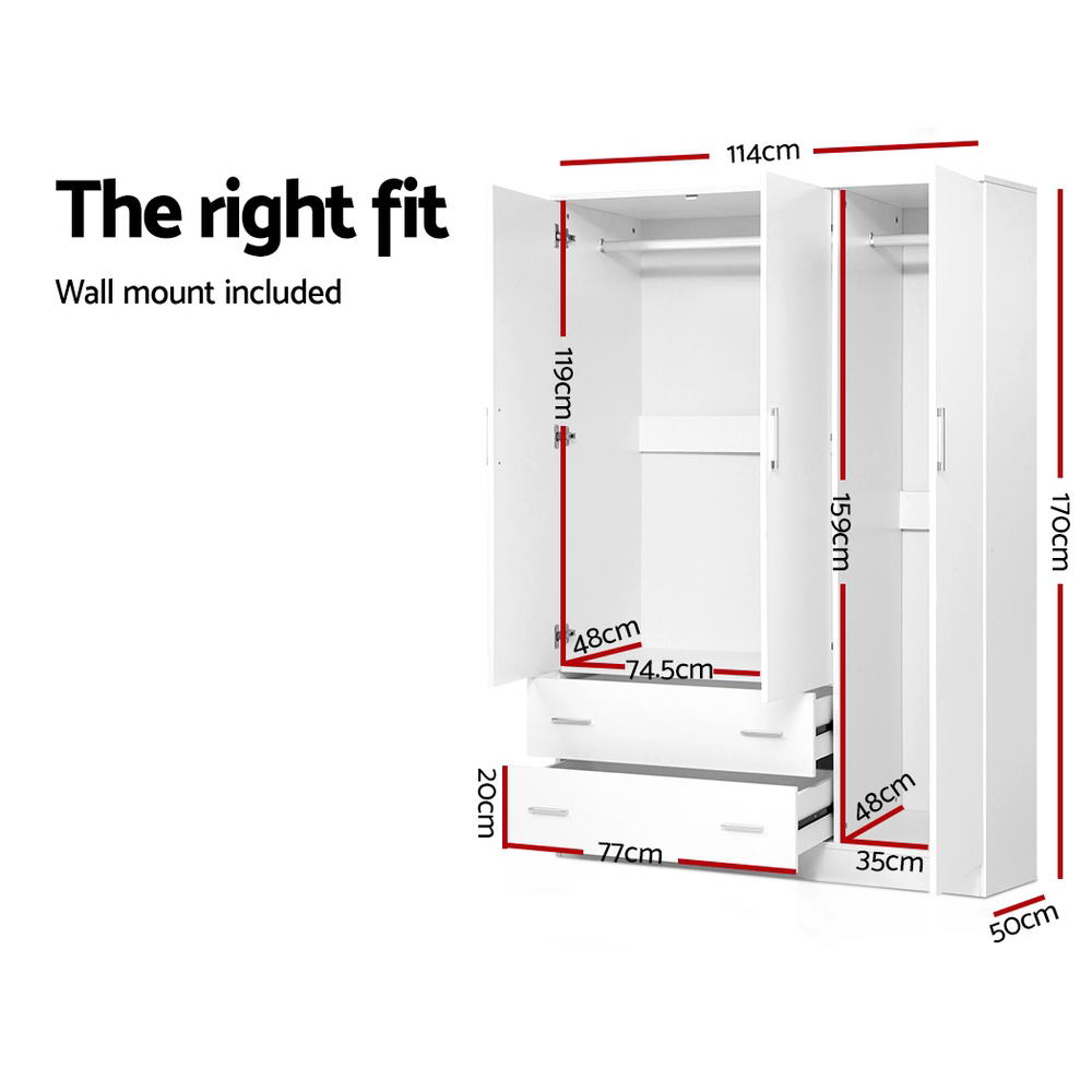 Artiss 3 Doors Wardrobe Bedroom Closet Storage Cabinet Organiser Armoire 170cm