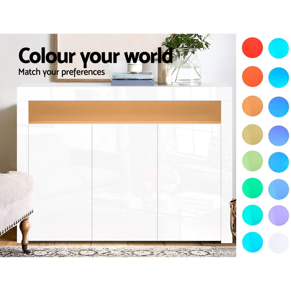 Artiss Buffet Sideboard Cabinet Storage LED High Gloss Cupboard 3 Doors White