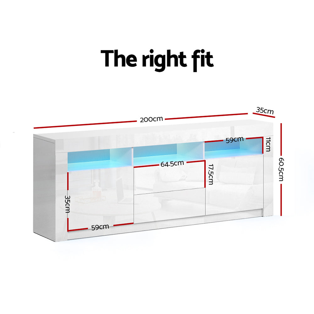 Artiss TV Cabinet Entertainment Unit Stand RGB LED High Gloss Furniture Storage Drawers Shelf 200cm White