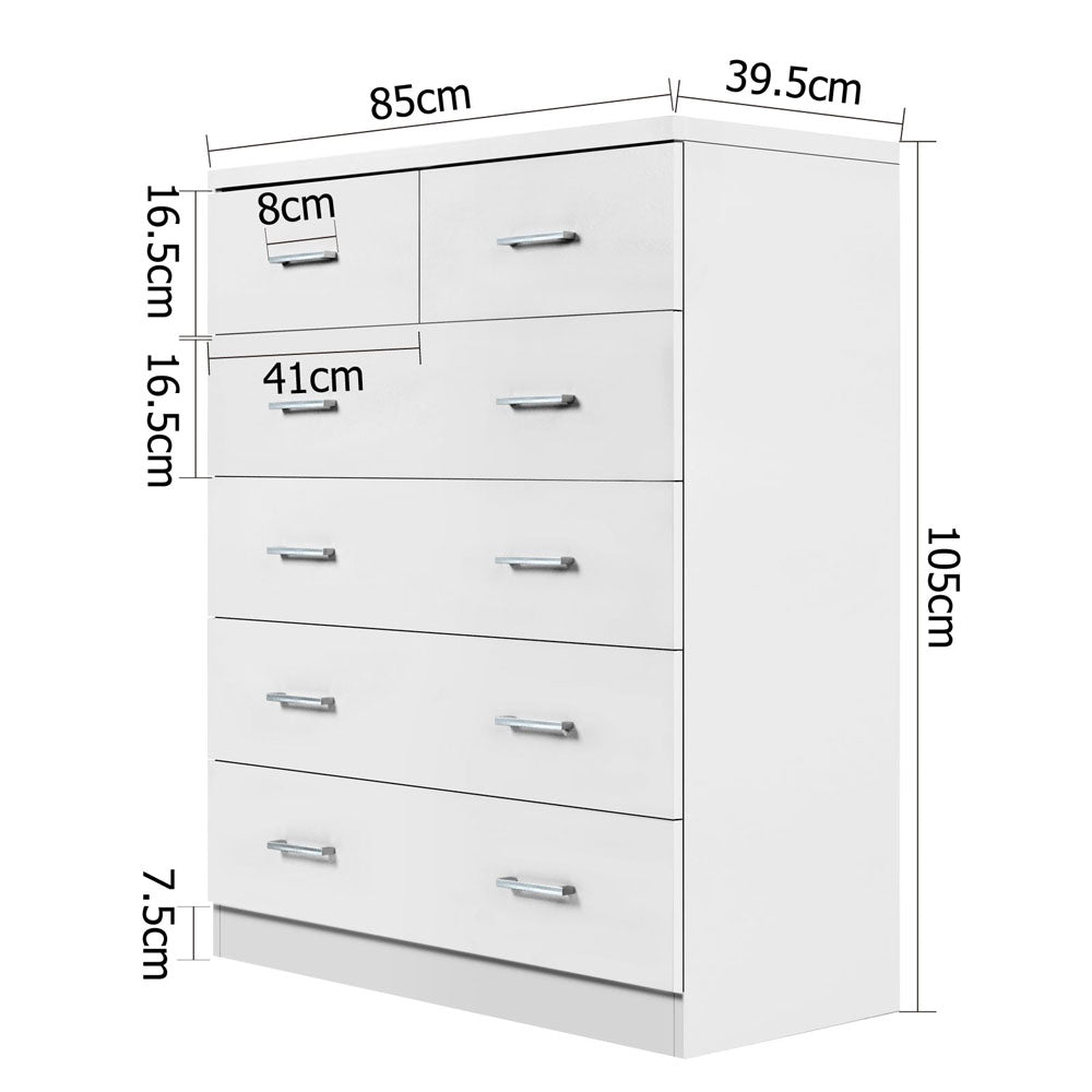 Artiss Tallboy Dresser Table 6 Chest of Drawers Cabinet Bedroom Storage White