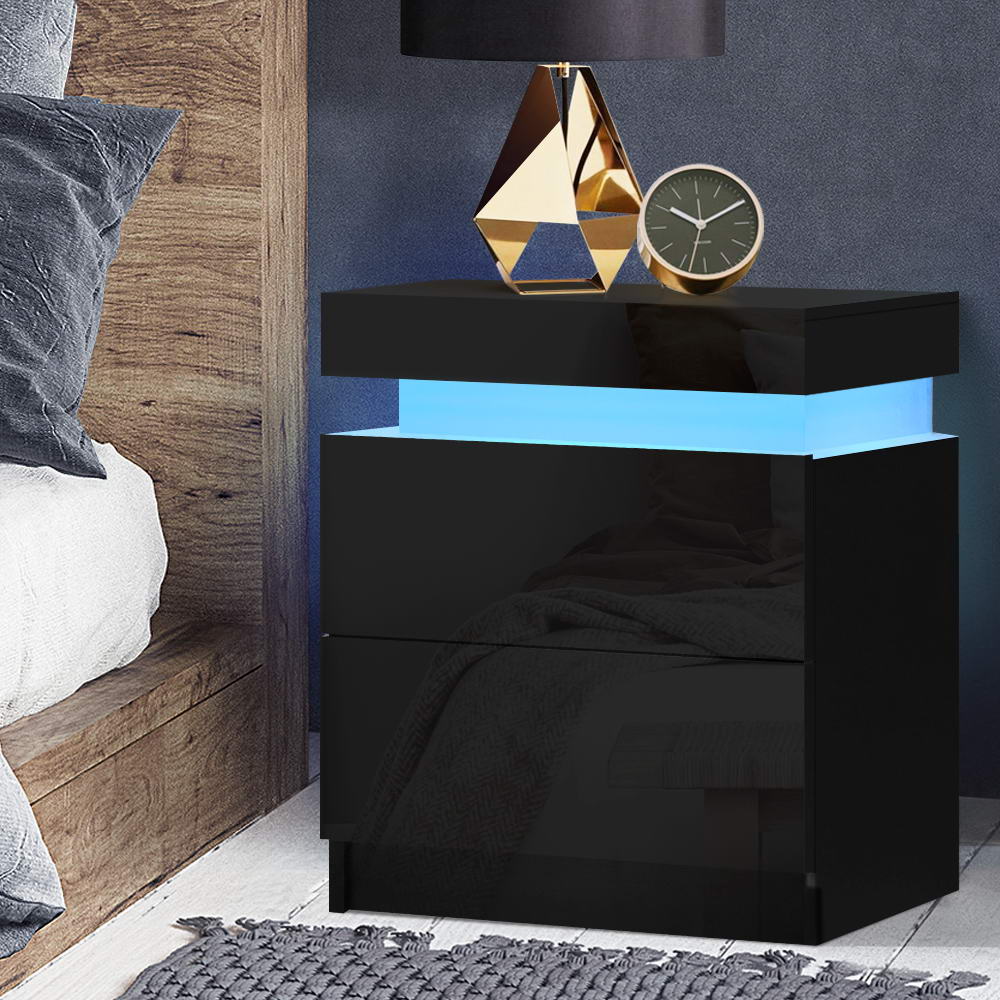 Artiss Bedside Tables Side Table Drawers RGB LED High Gloss Nightstand Black
