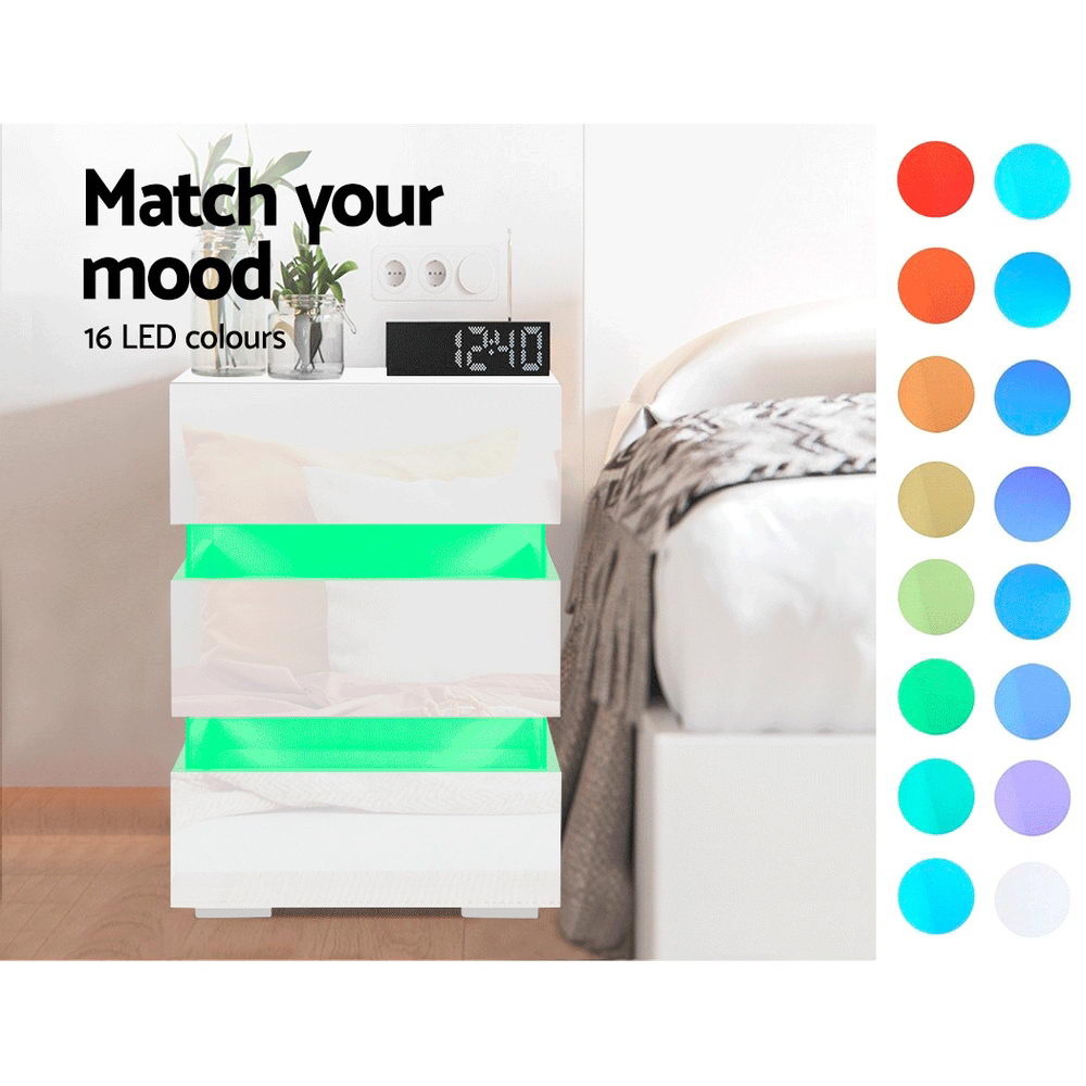 Artiss Bedside Table Side Unit RGB LED Lamp 3 Drawers Nightstand Gloss Furniture White