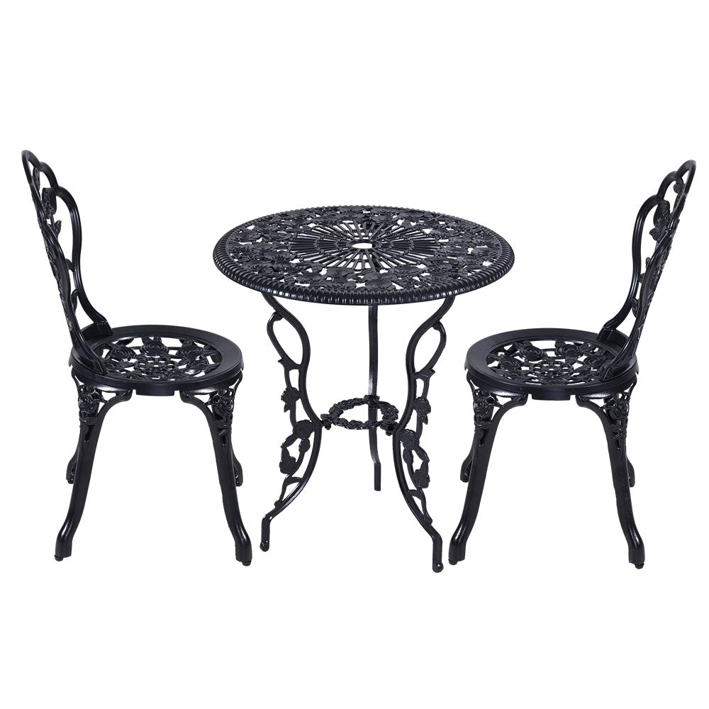 Gardeon 3PC Outdoor Setting Cast Aluminium Bistro Table Chair Patio Black