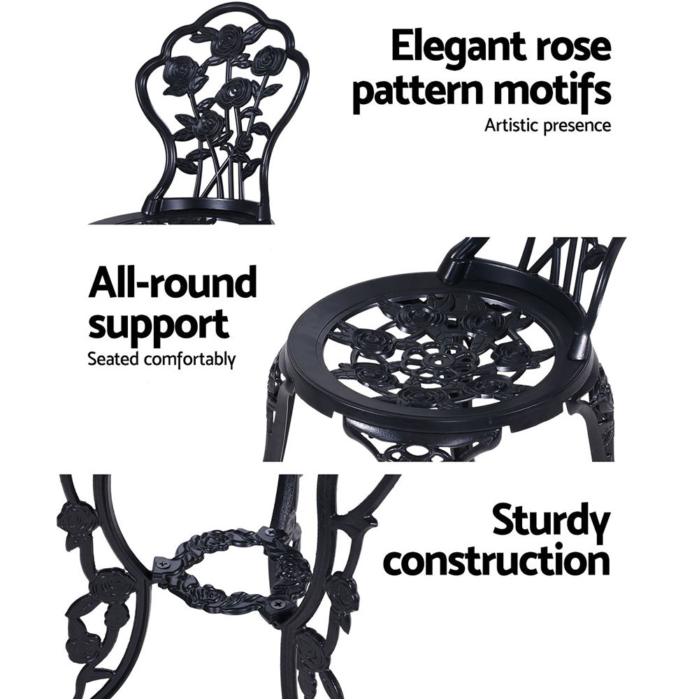 Gardeon 3PC Outdoor Setting Cast Aluminium Bistro Table Chair Patio Black