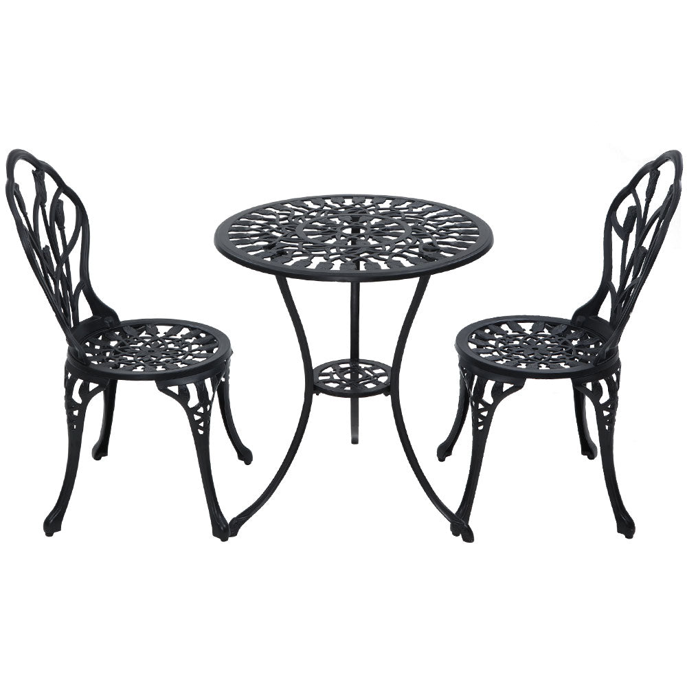 Gardeon 3PC Outdoor Setting Cast Aluminium Bistro Table Chair Patio Black