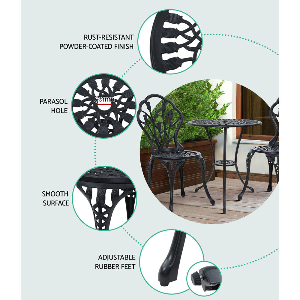 Gardeon 3PC Outdoor Setting Cast Aluminium Bistro Table Chair Patio Black