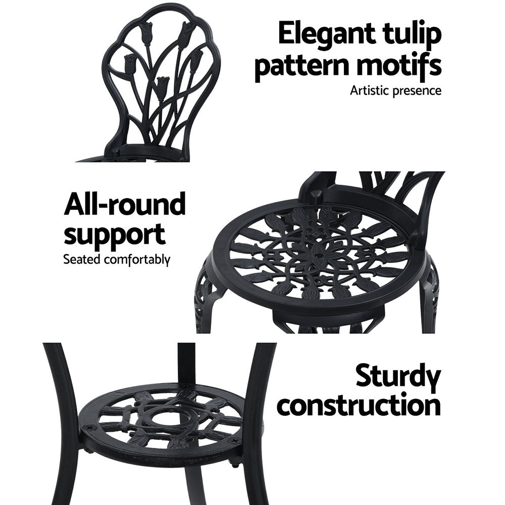 Gardeon 3PC Outdoor Setting Cast Aluminium Bistro Table Chair Patio Black