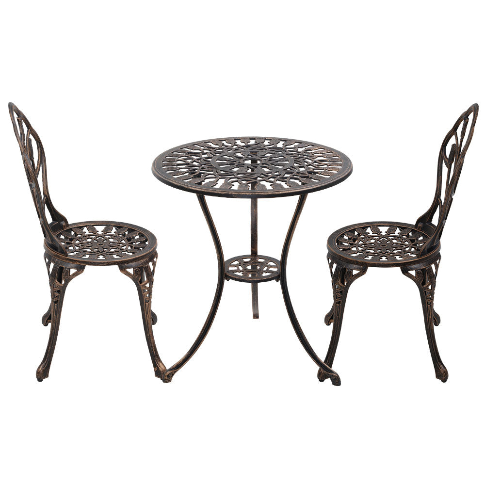 Gardeon 3PC Outdoor Setting Cast Aluminium Bistro Table Chair Patio Bronze