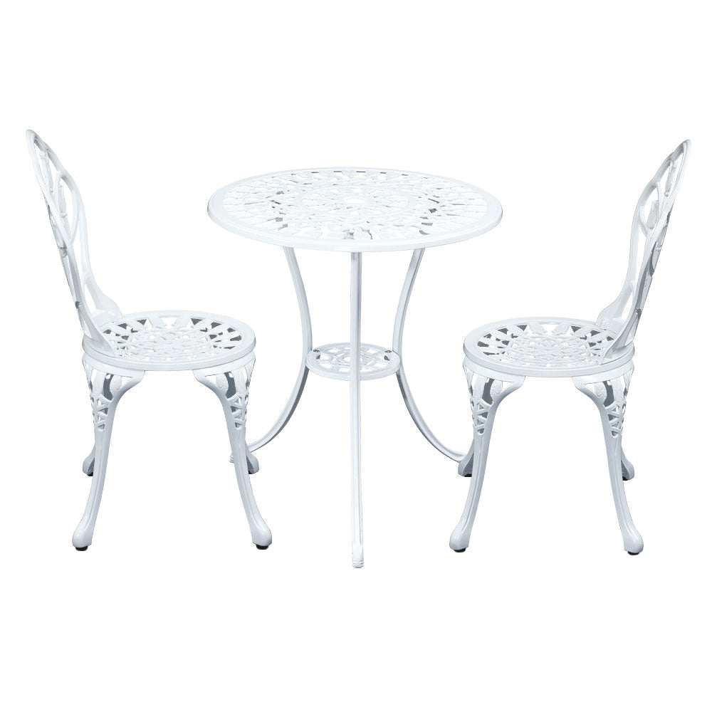 Gardeon 3PC Outdoor Setting Cast Aluminium Bistro Table Chair Patio White