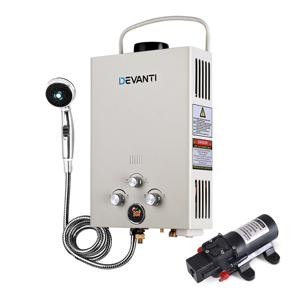 Devanti Outdoor Portable LPG Gas Hot Water Heater Shower Head 12V Water Pump Beige