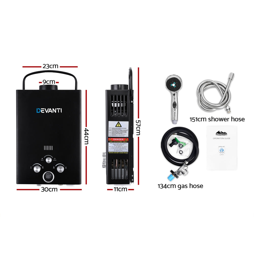 Devanti Outdoor Portable Gas Water Heater 8LPM Camping Shower Black