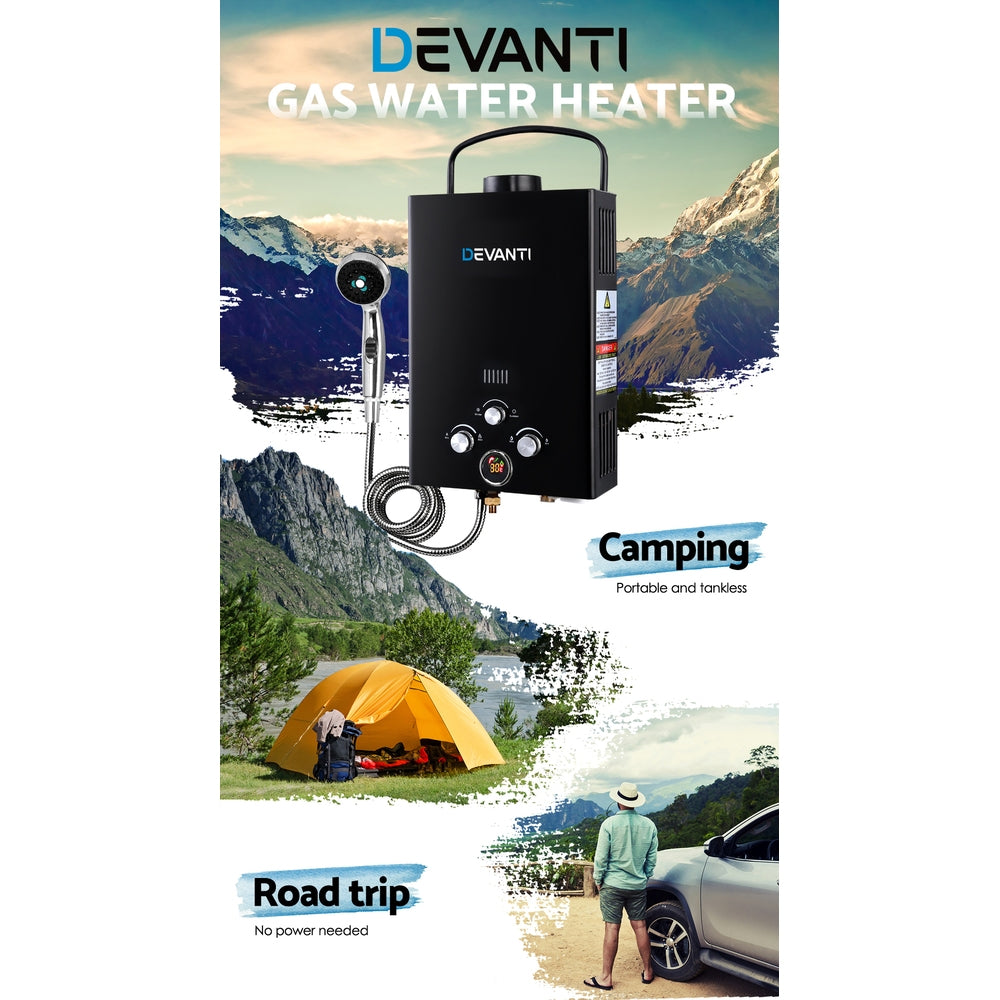 Devanti Outdoor Portable Gas Water Heater 8LPM Camping Shower Black