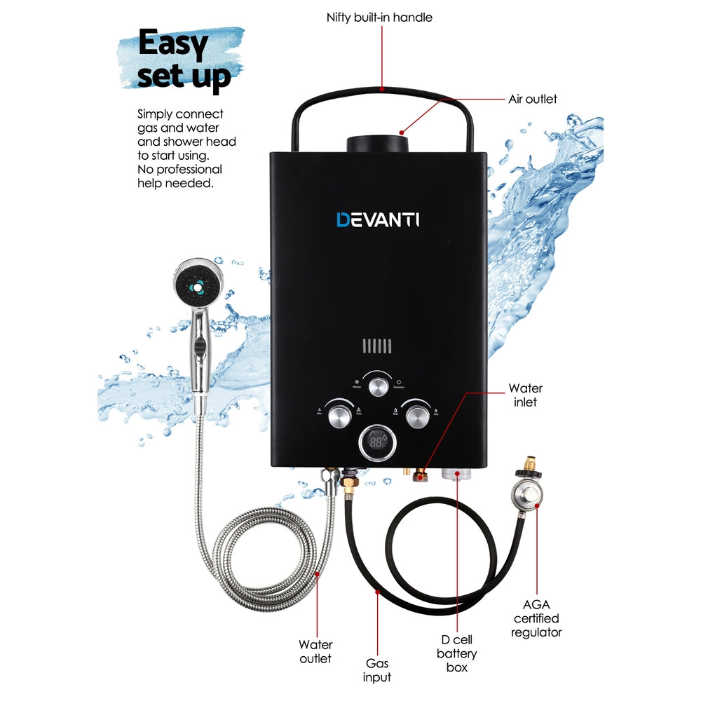 Devanti Outdoor Portable Gas Water Heater 8LPM Camping Shower Black