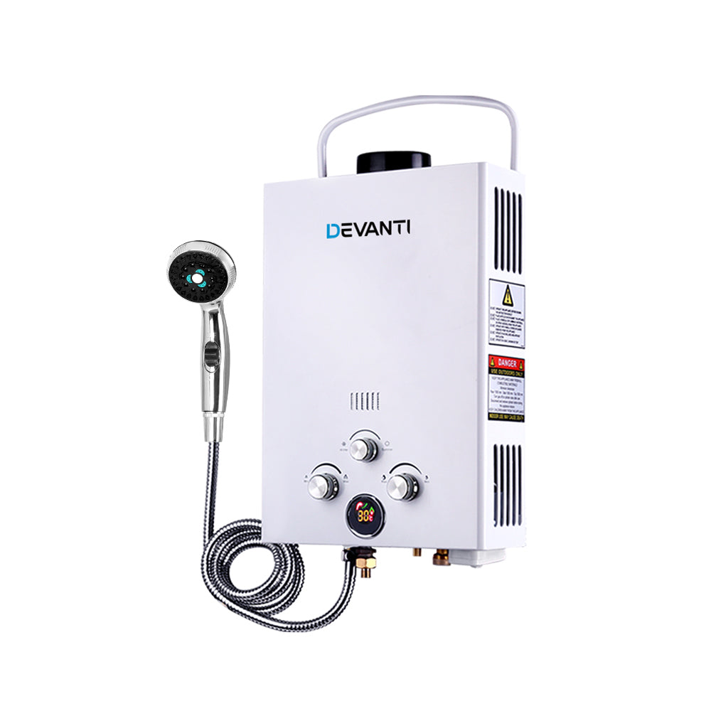 Devanti Portable Gas Hot Water Heater Outdoor Camping Shower 12V Pump White
