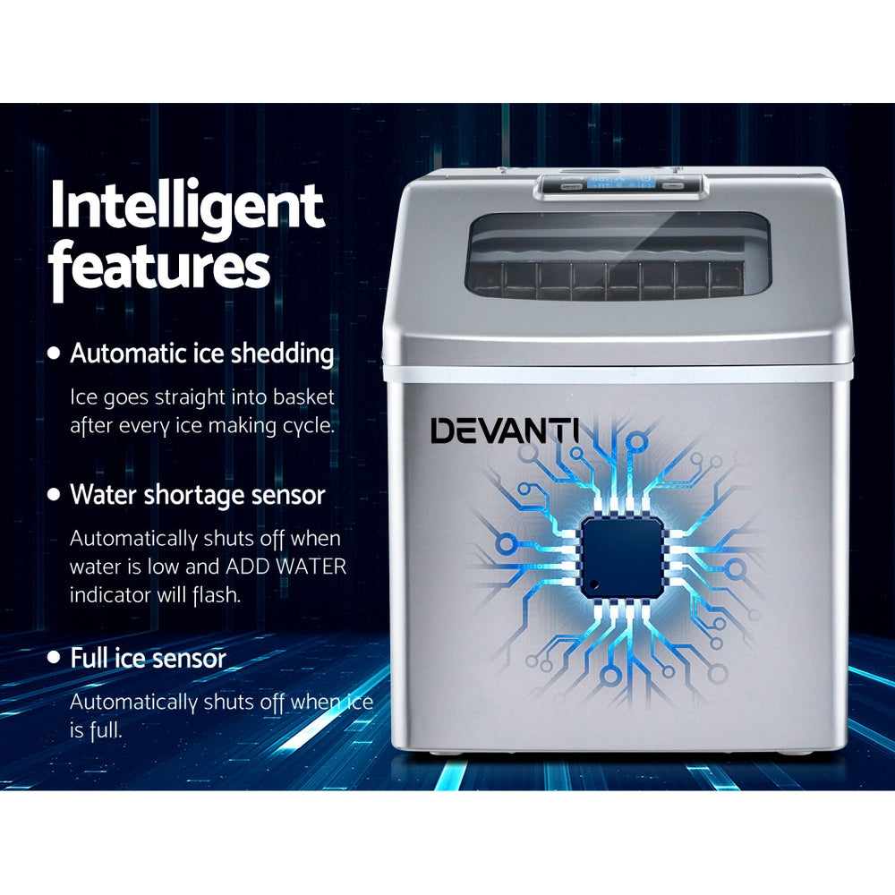 Devanti Portable Ice Maker Machine Commercial Square Ice Cube Countertop Silver 2.2L
