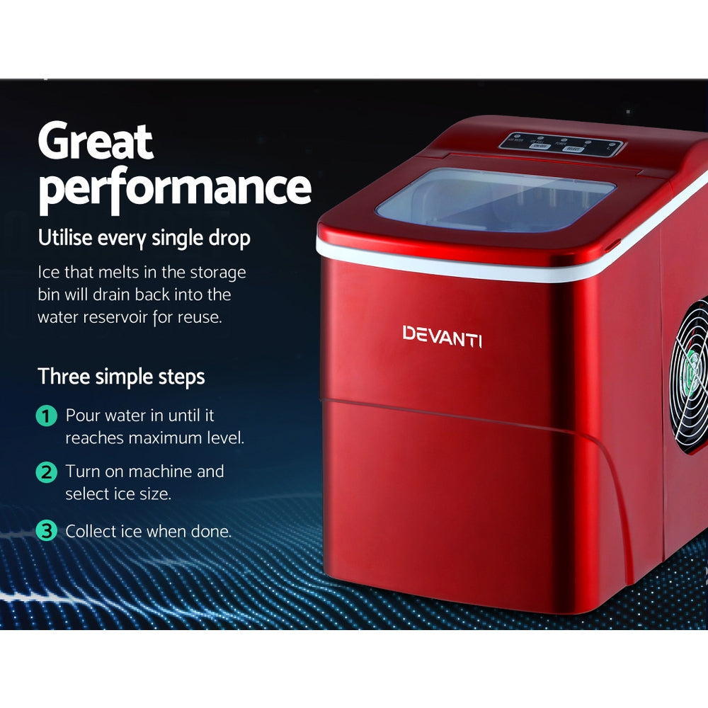 DEVANTi Portable Ice Cube Maker Machine 2L Home Bar Benchtop Easy Quick Red