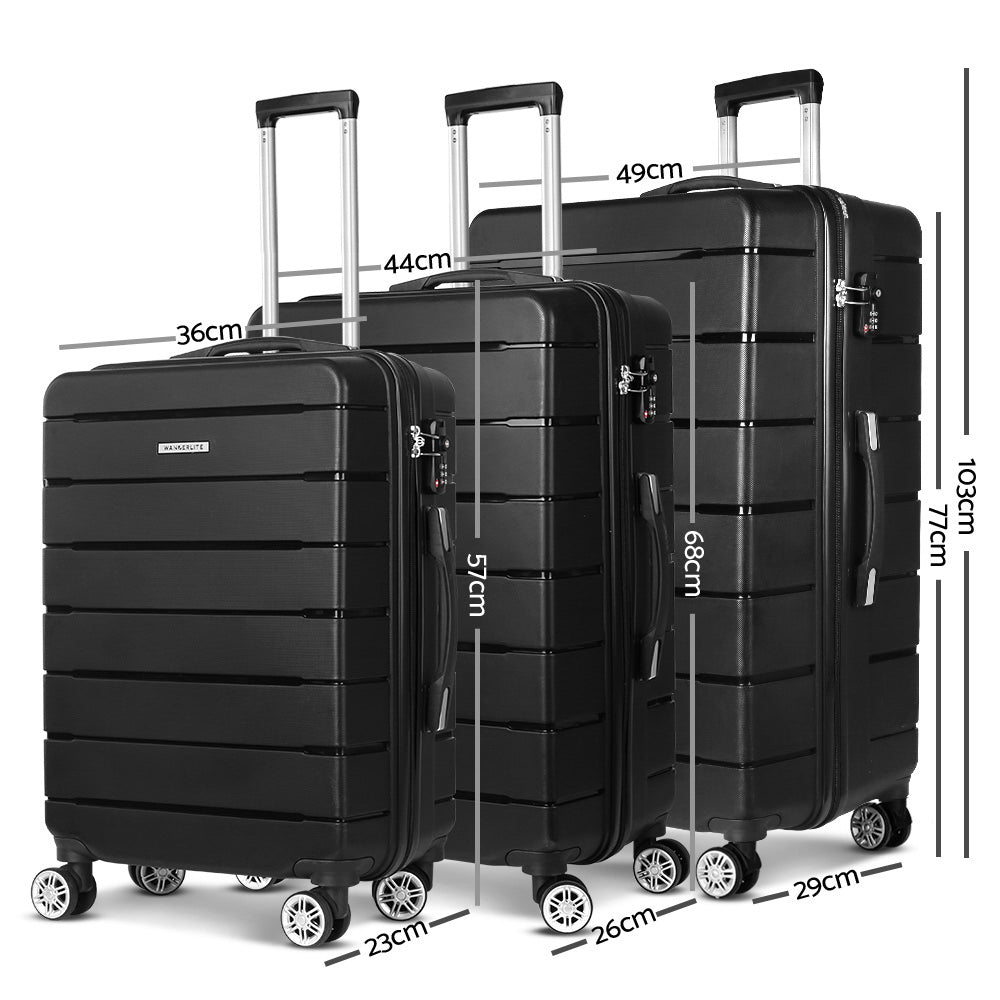 Wanderlite 3PC Luggage Suitcase Trolley - Black