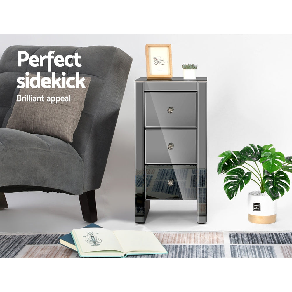 Artiss Mirrored Bedside Tables Drawers Crystal Chest Nightstand Glass Grey