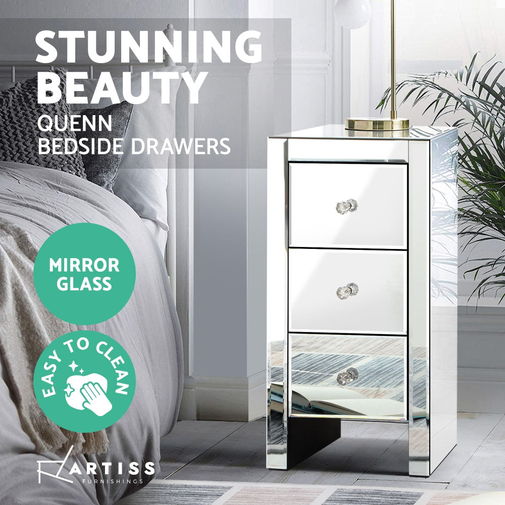 Artiss Mirrored Bedside table Drawers Furniture Mirror Glass Quenn Silver