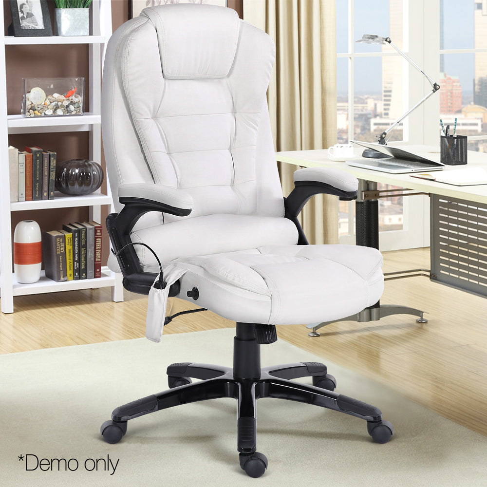 8 Point PU Leather Reclining Massage Chair - White