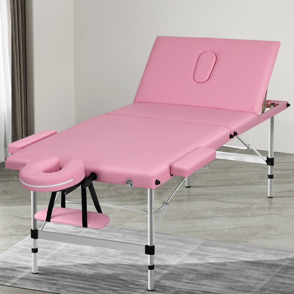 Zenses Massage Table 85CM Width 3Fold Portable Therapy Beauty Aluminium Bed Pink