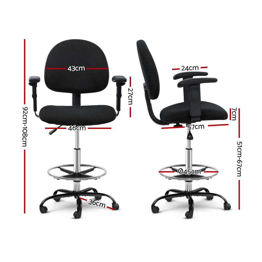 Artiss Office Chair Veer Drafting Stool Fabric Chairs Adjustable Armrest Black