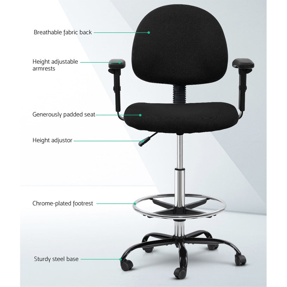 Artiss Office Chair Veer Drafting Stool Fabric Chairs Adjustable Armrest Black