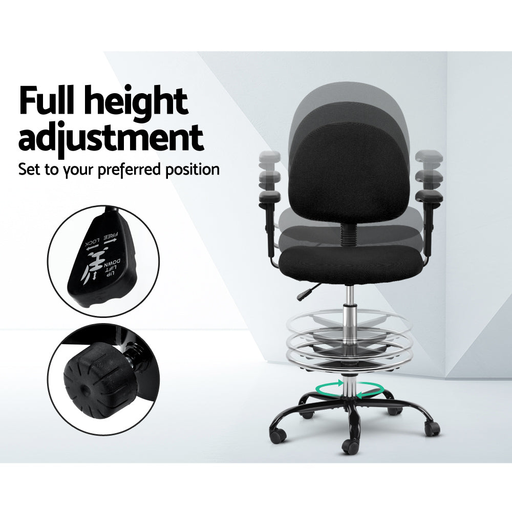 Artiss Office Chair Veer Drafting Stool Fabric Chairs Adjustable Armrest Black