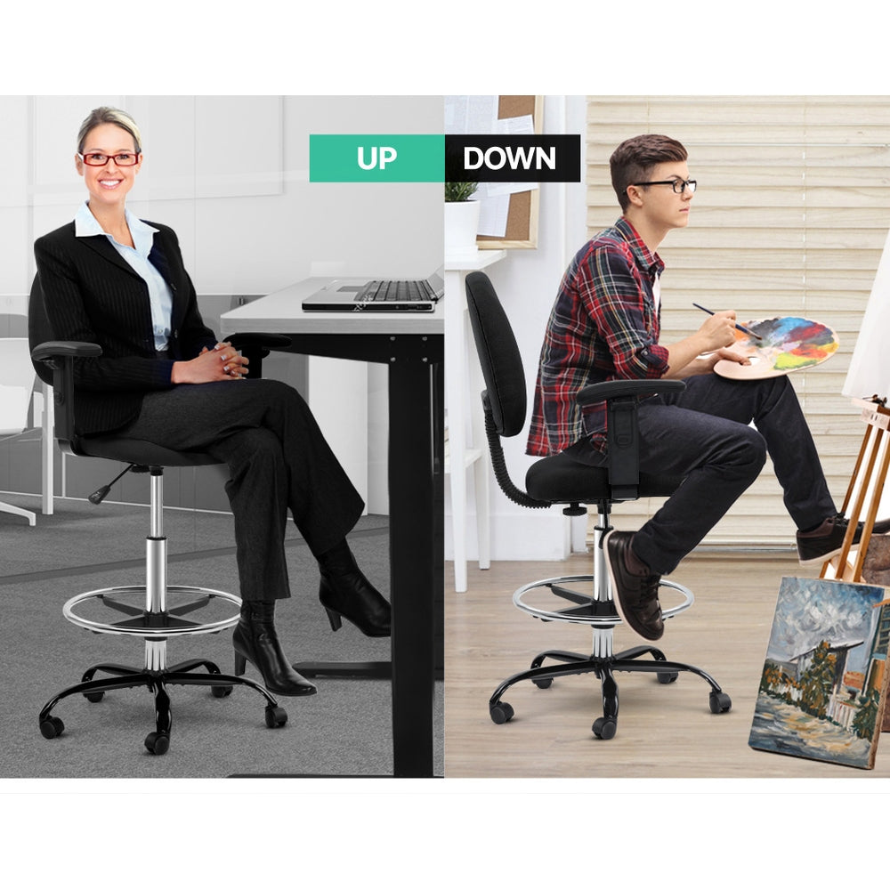 Artiss Office Chair Veer Drafting Stool Fabric Chairs Adjustable Armrest Black