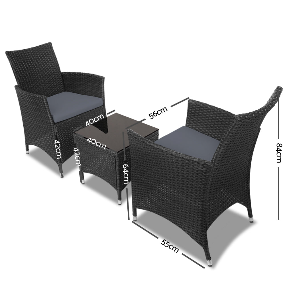 Gardeon 3pc Bistro Wicker Outdoor Furniture Set Black