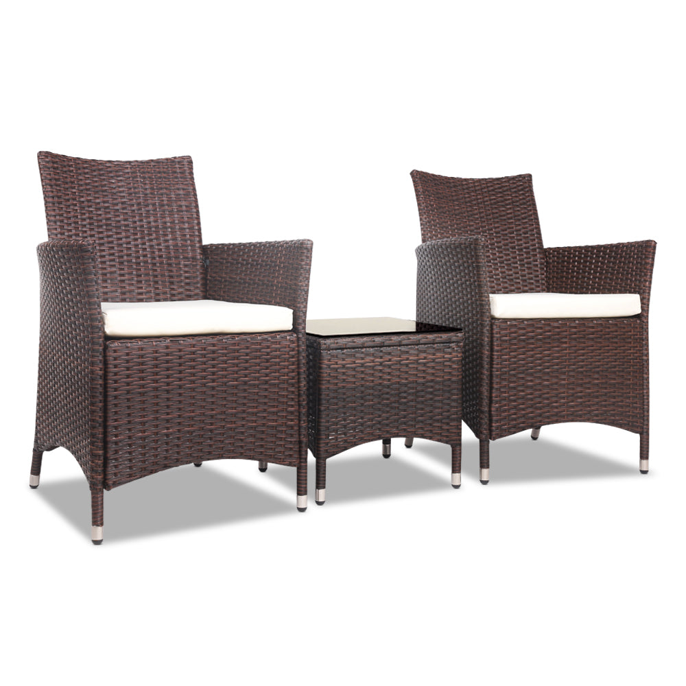 Gardeon 3pc Rattan Bistro Wicker Outdoor Furniture Set Brown