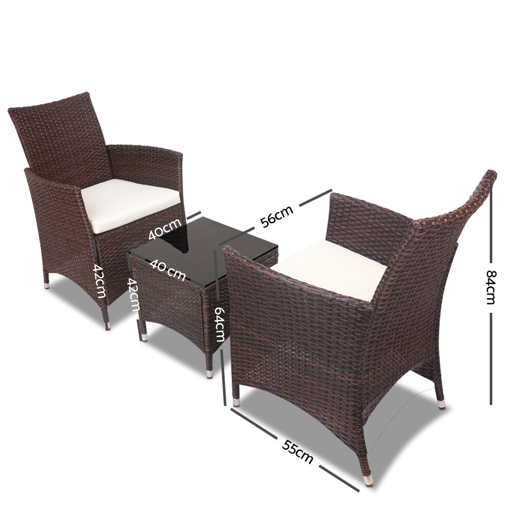 Gardeon 3pc Bistro Wicker Outdoor Furniture Set Brown