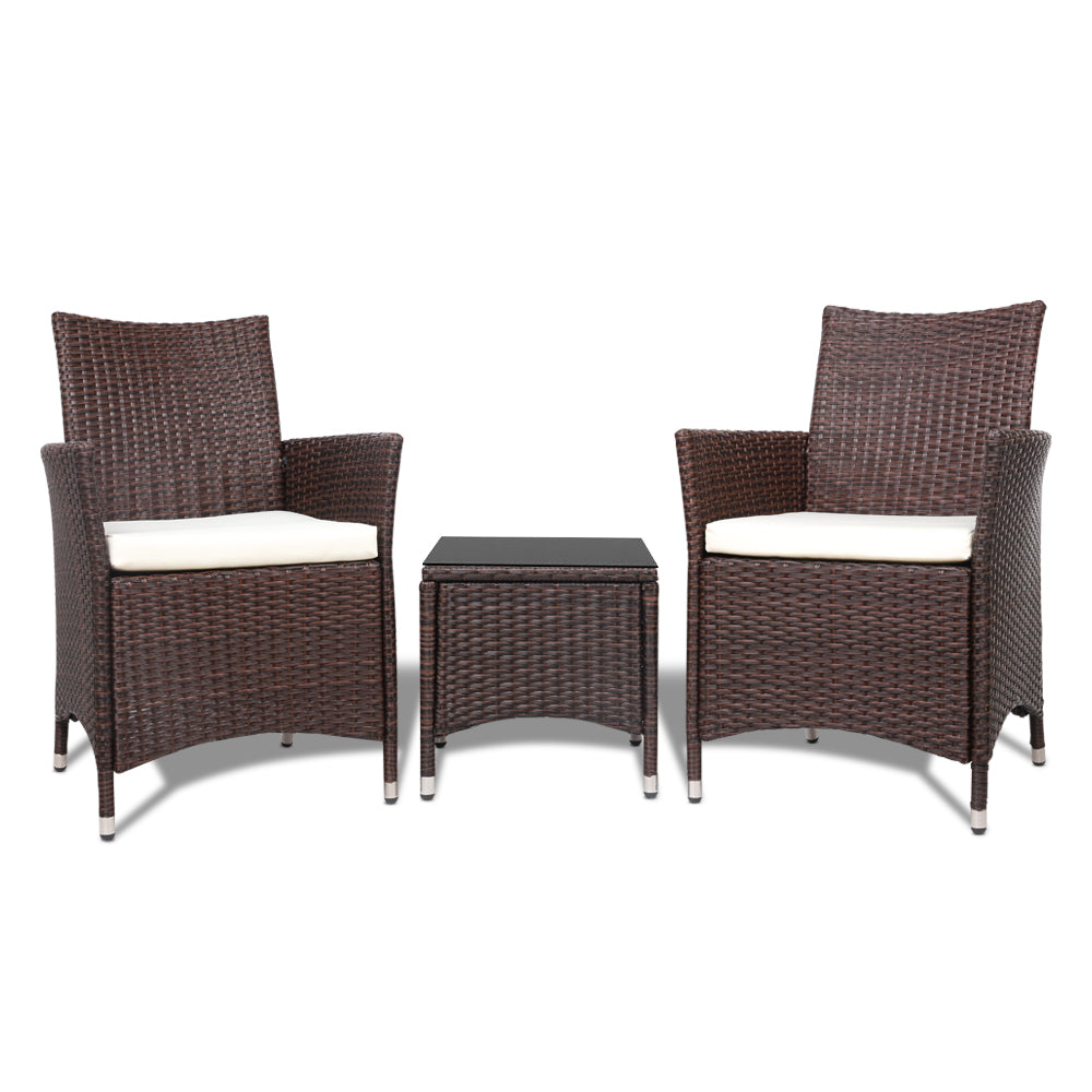 Gardeon 3pc Bistro Wicker Outdoor Furniture Set Brown