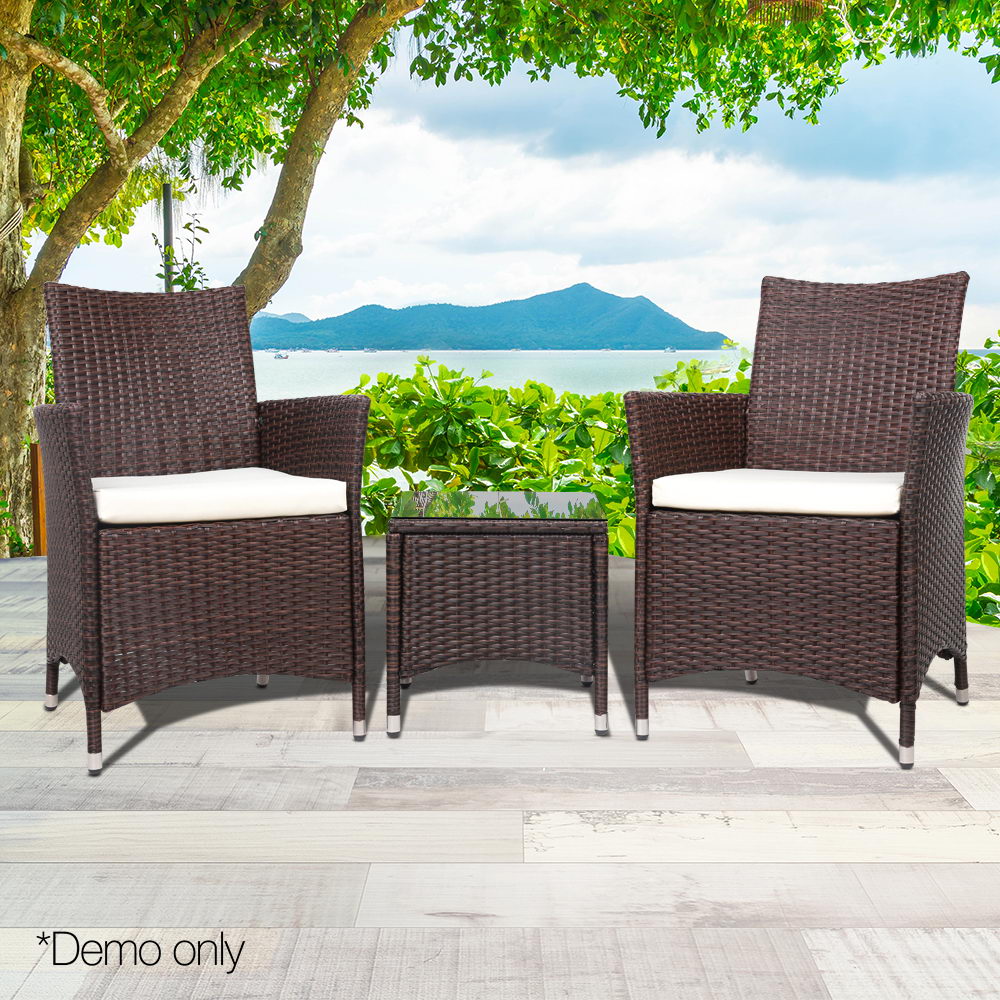 Gardeon 3pc Bistro Wicker Outdoor Furniture Set Brown