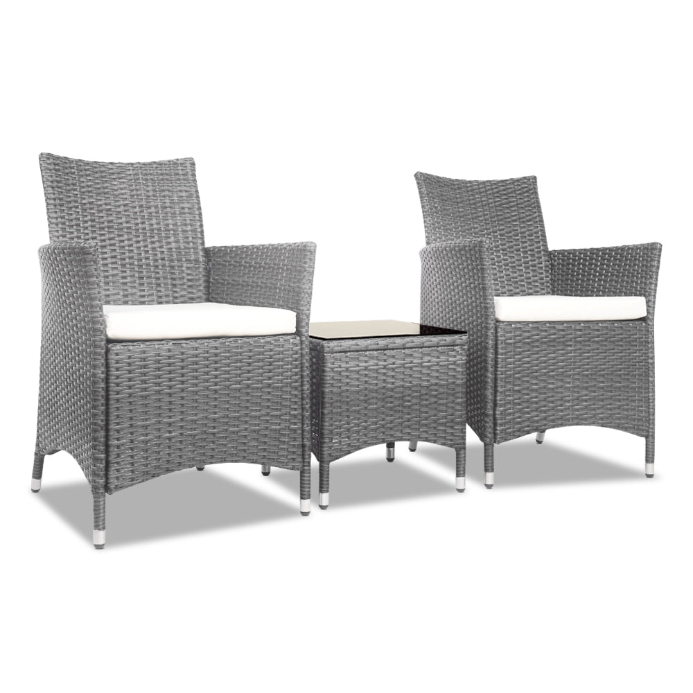 Gardeon 3pc Rattan Bistro Wicker Outdoor Furniture Set Grey