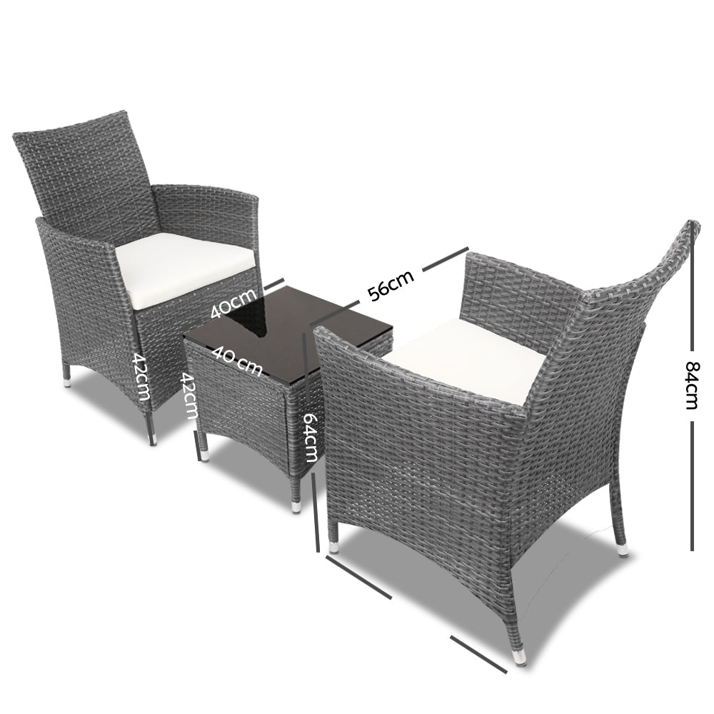 Gardeon 3pc Rattan Bistro Wicker Outdoor Furniture Set Grey