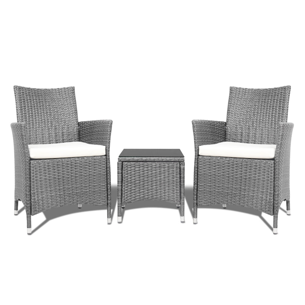 Gardeon 3pc Rattan Bistro Wicker Outdoor Furniture Set Grey